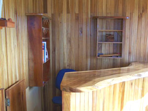 The reception desk is in the restaurant.